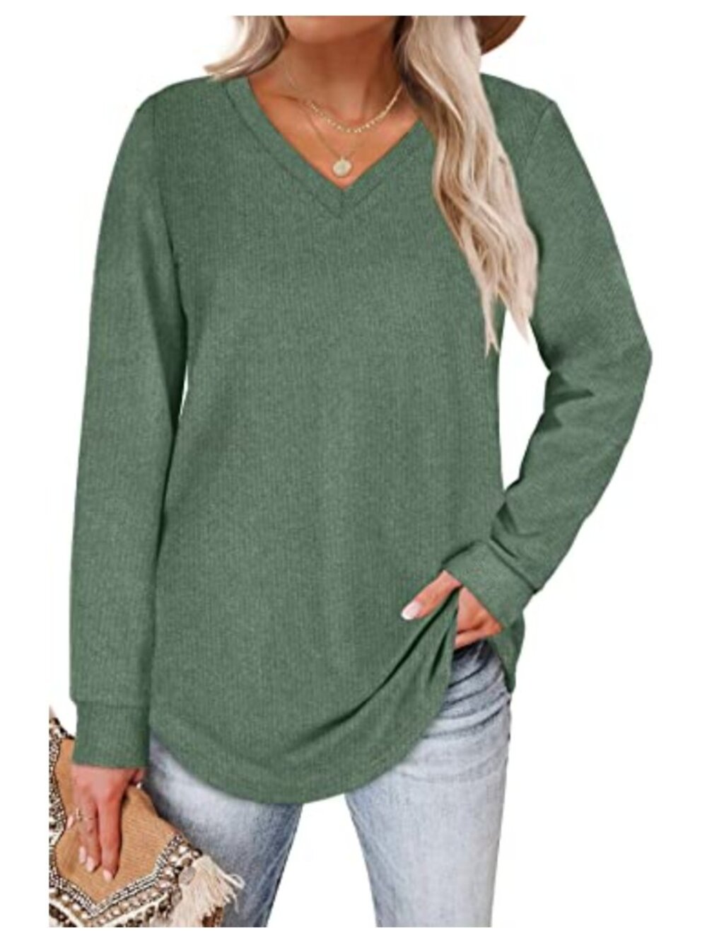 Womens V Neck Long Sleeve Sweater Loose Casual Tunic Top
